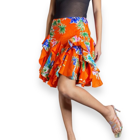 Vintage Ralph Lauren Layered Ruffle 100% Silk Tropical Floral Skirt Size 2 - Picture 16 of 16
